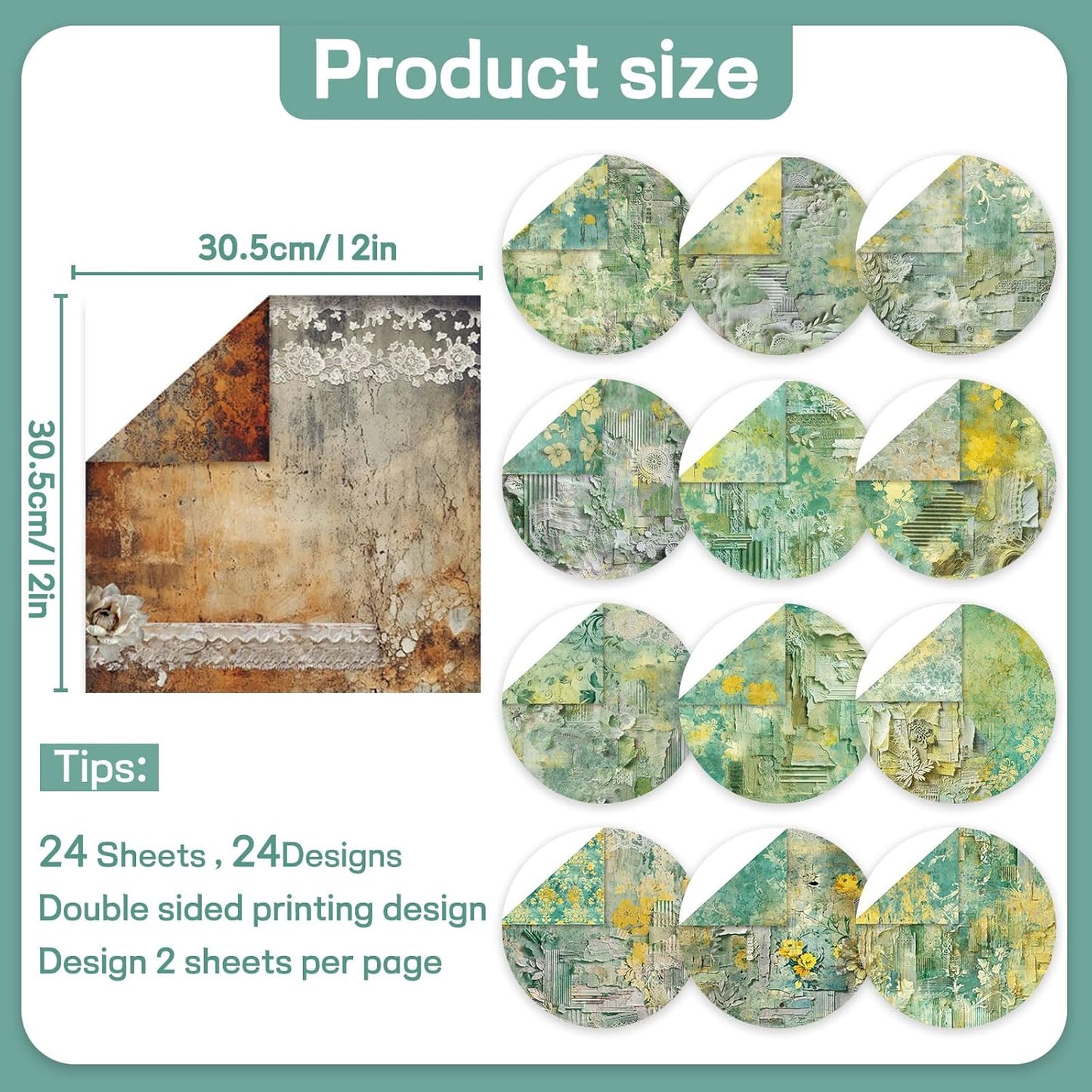 Scrapbook Paper 12x12 inch, 24 Sheets DIY Origami Decorative Craft, Double sided printing, Photo Album Decor Wooden-free Paper for Gift Wrapping Card Making Collage Album Decorative (Green)