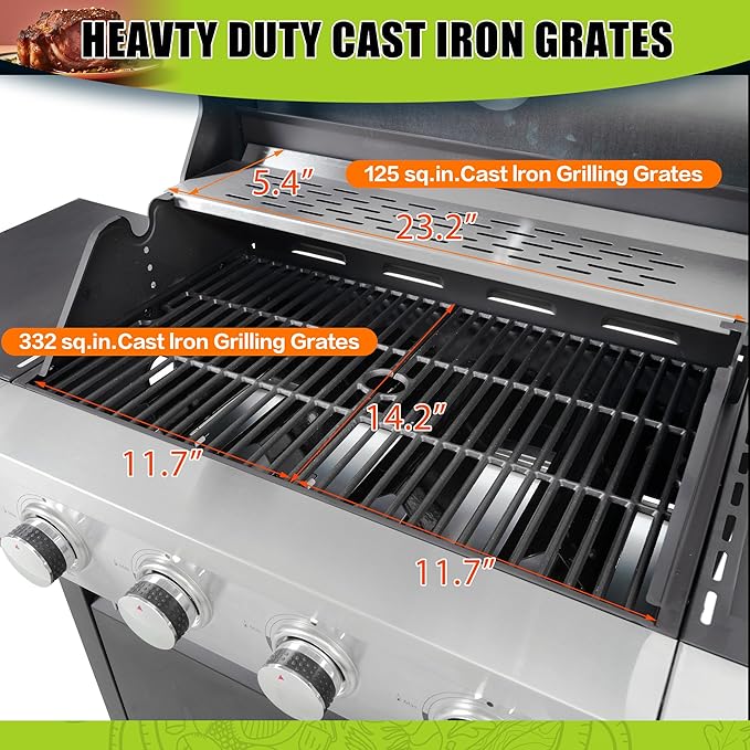 Zateety 4 Burner Propane Grill - 46,500 BTU Gas Grill with Side Burner, Stainless Steel with Iron Cast Grates for Outdoor Cooking, Patio, Camping BBQ, Garden Barbecue Grill, Black and Silver