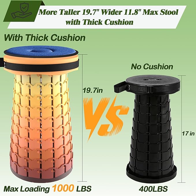 ALEVMOOM Upgraded XXL Collapsilbe Stool with Cushion,More Sturdy and Height 19.7",D11.8,Portable and Lightweight Adjustable Chair Telescoping Stool for Camping Hiking BBQ Max Loading 1000Ibs