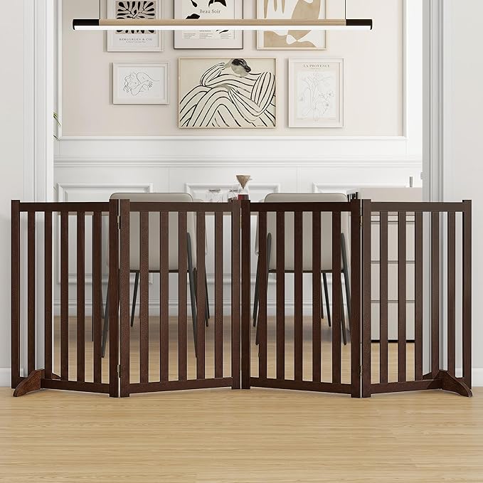 30" Height Tall Freestanding Pet Gate, Solid Wood Folding Safety Fence Wooden Dog Gate with 2 PCs Support Feet Ideal for Stairs, Doorways, Halls, Kitchens, Heavy Duty Gates, 4 Panels, Walnut