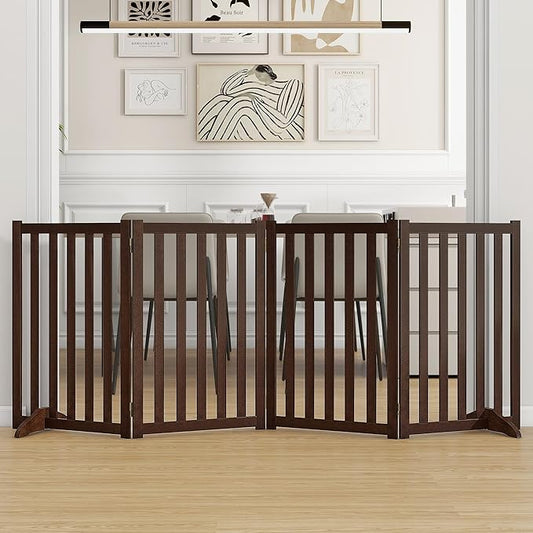 30" Height Tall Freestanding Pet Gate, Solid Wood Folding Safety Fence Wooden Dog Gate with 2 PCs Support Feet Ideal for Stairs, Doorways, Halls, Kitchens, Heavy Duty Gates, 4 Panels, Walnut