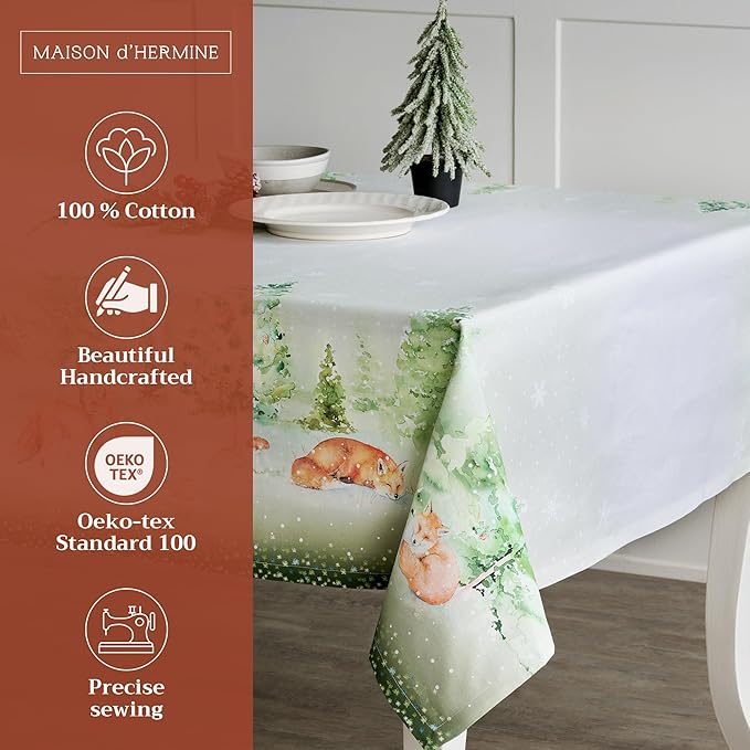 Maison d' Hermine Table Cloth Rectangle Table 100% Cotton 60 x 120 Inches Fall Tablecloth Reusable Everyday Use for Thanksgiving Christmas Decorations Dining Farmhouse Party (Winter Mornings)