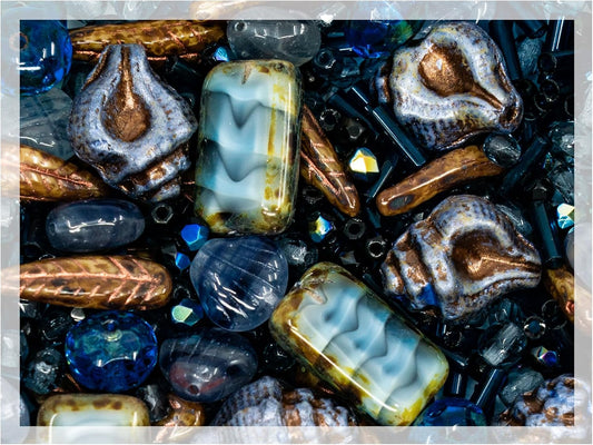 2.1oz (60 g) Mix of Unique Czech Bohemia Glass Pressed Beads, Dark Blue, Table Cut, Matte and Glossy, Faceted Fire Polish, Hand Made Set Kit BCV