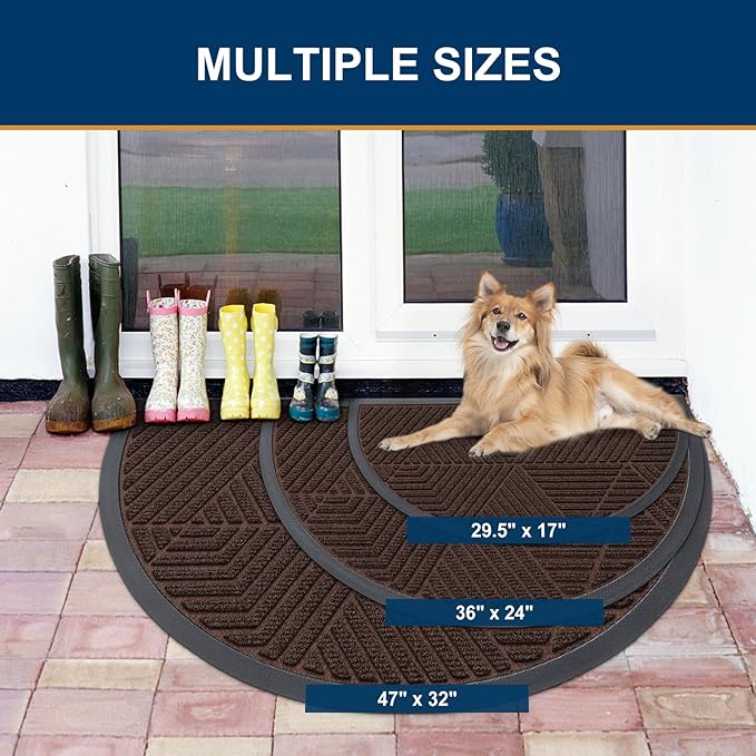 Smiry Half Circle Front Door Mat Outside Entrance, Heavy Duty Sturdy Natural Rubber Doormat, Trap Dirt and Moisture, Low Profile Mats for Indoor Outdoor Entry, Irregular Triangle (36x24, Dark Brown)