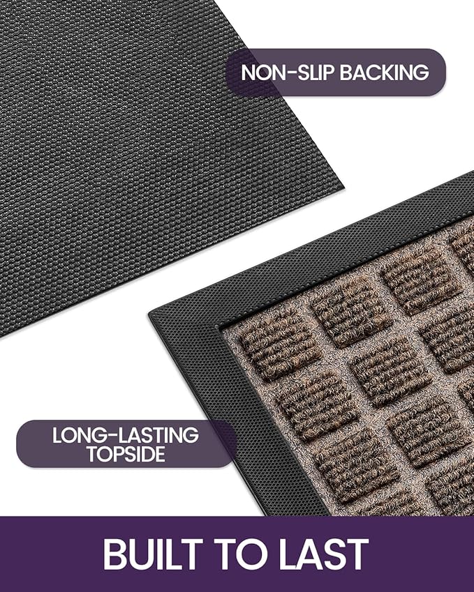 DEXI Front Door Mat Outside Entrance, 17x29 Rubber Entry Doormat Heavy Duty, Welcome Mats Non Slip for Inside House Floor Entryway Double Doors Exterior Patio, Checkered Brown