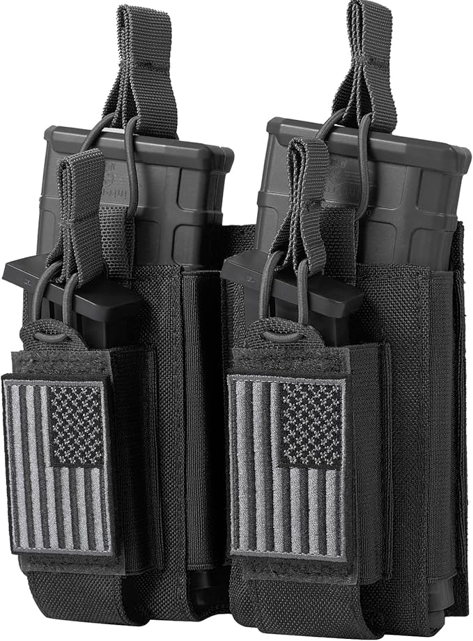Open-Top Single/Double/Triple Molle Mag Pouch for 5.56mm M4 M16 AK AR Glock M1911 9mm Elastic Rifle Magazines Pistol Mag Pouches Holder Carrier with USA Flag Patch