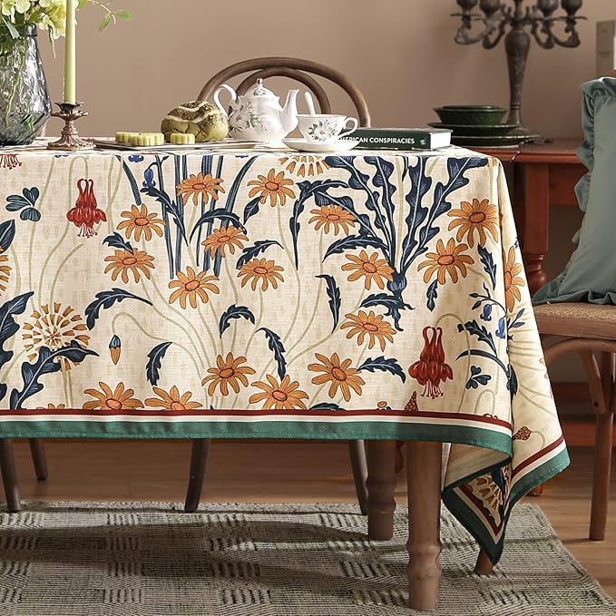 French Vintage Long Rectangular Tablecloth,Linen Tablecloth with Gold and Red Floral Pattern,Decorative Table Cover for Kitchen,Dining,Thanksgiving,Party,Living Room,63" × 102"-Tijuana
