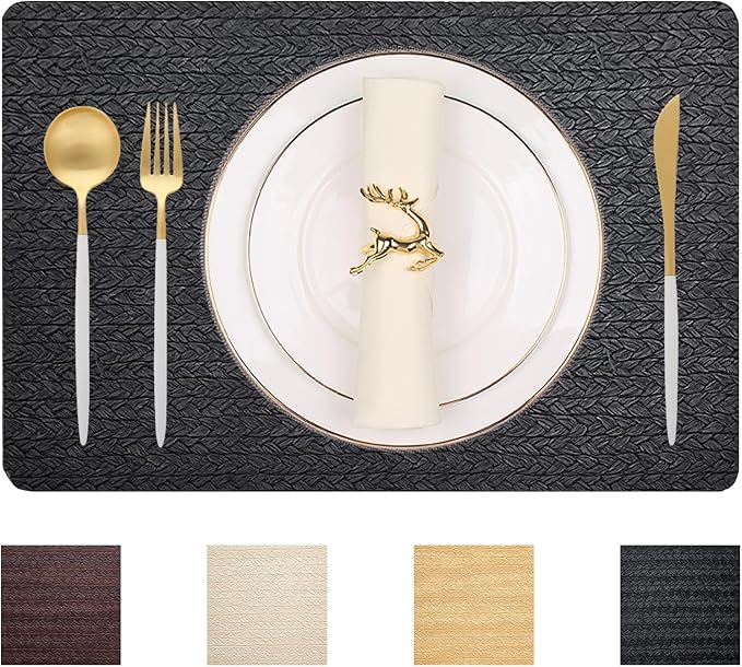 PIGCHCY Waterproof PVC Place Mats Set of 6, Non-Slip Faux Leather Placemats Rattan Pattern Surface Table Mats for Wedding/Birthday Party/Kitchen (18"x12", Black)