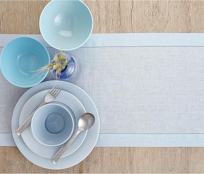 Solino Home Linen Light Blue Table Runner 144 Inches Long - 100% Pure Linen Extra Long Table Runner 14 x 144 Inch for Winter, Spring, Easter - Classic Hemstitch