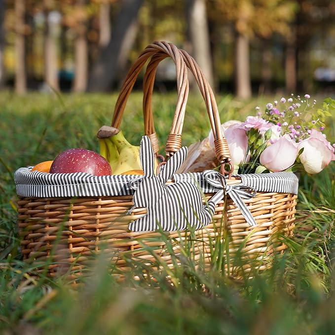 G GOOD GAIN Oval Picnic Basket with Folding Handles, Willow Hand Woven Shopping Basket, Bath Storage Gift Packing Basket, Wicker Empty Easter Eggs and Candy Small Gift Basket. Grey