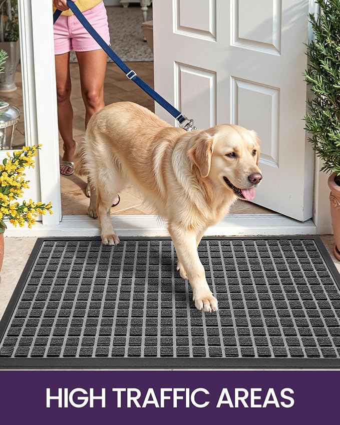 DEXI Front Door Mat Outside Entrance, 2x4 ft Rubber Entry Doormat Heavy Duty, Welcome Mats Non Slip for Inside House Floor Entryway Double Doors Exterior Patio, Checkered Grey