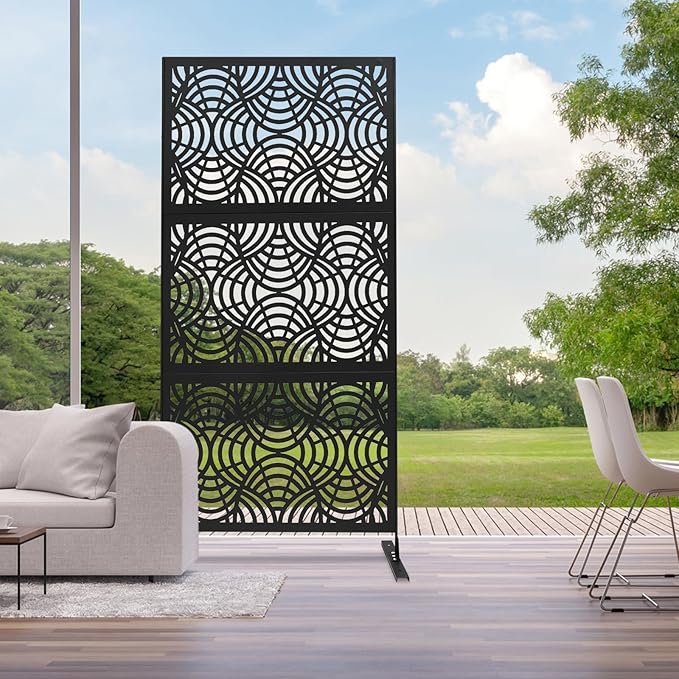 75" H×35" W Decorative Outdoor Privacy Screen with Stand, Outdoor Decor Privacy Fence Screen Metal Fence Panels, Free Standing Metal Divider for Patio Lawn Deck (Black -Curved Pattern)