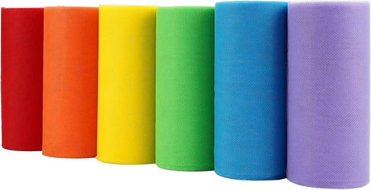 MEEDEE Rainbow Tulle Ribbon 6 Colors Roll Tulle Fabric Rainbow Spool Ribbon for Tutus Wedding Decorations Party Decorations Gift Wrapping Skirt Dress (6 inch by 25 Yards/Roll)