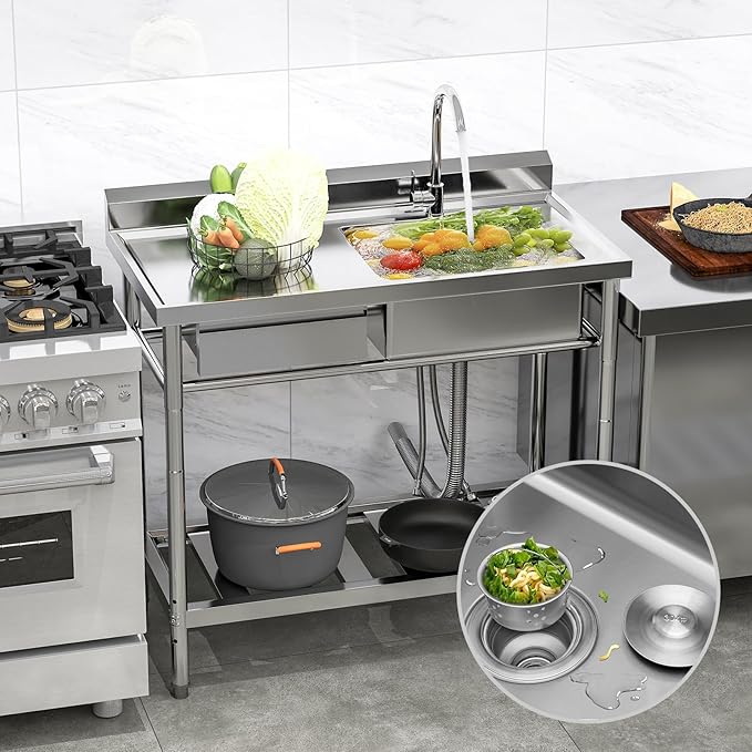 Stainless Steel Utility Sink, 39'' Free Standing Single Bowl Kitchen Sink with Drawer, Cold and Hot Water Pipe, Indoor and Outdoor for Laundry Room Farmhouse Kitchen(39 inch)