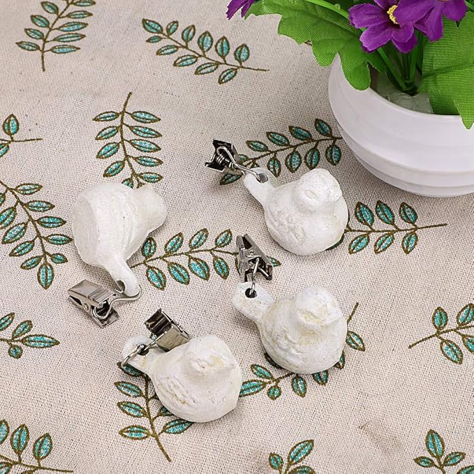 OwnMy Set of 4 White Tablecloth Weights Clip on, Heavy Duty Pendant Tablecloth Weights Kit with Cast Iron Antique Birds, Flag Weights Clips for Outdoor Garden Party Picnic Tablecloths