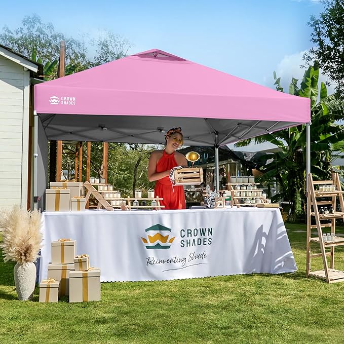 CROWN SHADES Canopy Tent, 10 x 10 Foot Portable Pop Up Outdoor Shelter with 1 Sidewall, Easy 1 Push Center Lock, UV Protection, and Carry Bag, Pink
