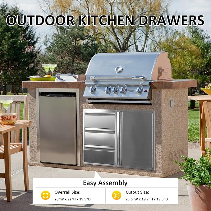 Outdoor Kitchen Door Drawer Combo Cabinet 28" W x 22" H x 19.5" D Stainless Steel Built-in Triple Drawers&Right Access Door Combo Cabinet for Outdoor Kitchen Island, Patio Grill Station