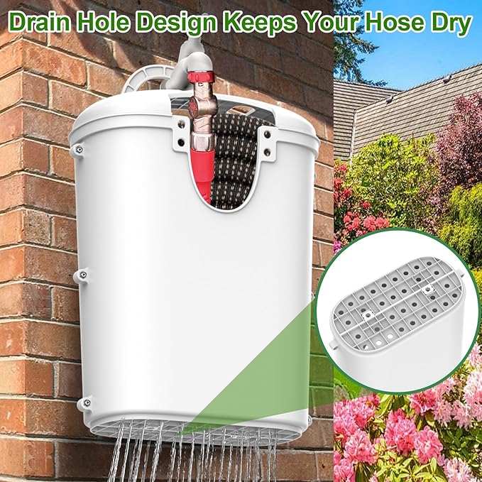 Riokko Garden Hose Holder Bucket, Hose Storage, Water Hose Storage for Outside, Hose Box Fits 25FT Heavy Duty/100FT Expandable/50FT Flat/50FT Stainless Steel Hoses, Hanging Handle & Drain Hole Design