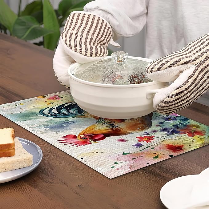 6 Pcs Placemats,Chicken Placemat,Flower Field Table Mats Washable Recyclable Table Placemats for Indoor Outdoor Heat Resistant Kitchen Dining 12"x18"