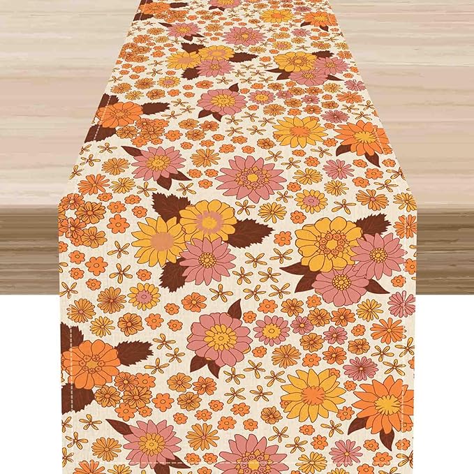 Groovy Floral Table Runner, Retro 70s Hippie Floral Funky Orange Floral Trippy Coffee Table Center Decor for Home Kitchen Dining Patio Holiday Party Indoor Outdoor Table Decorations, 13"x36" Inch