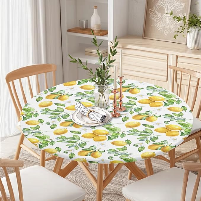 Lemon Round Fitted Tablecloth with Elastic Spring Summer Yellow Lemons Circle Table Cloth for 48-52" Round Tables Wipeable Waterproof Lemonade Party Farmhouse Table Cover for Picnic Dining Outdoor