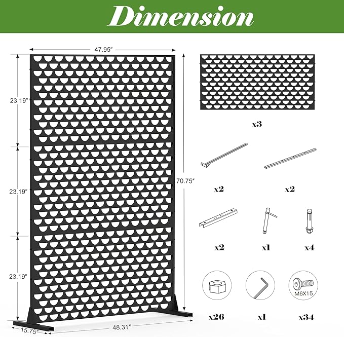 Domi Metal Privacy Screens and Panels with Free Standing, Freestanding Outdoor Indoor Privacy Screen, Decorative Privacy Screen for Balcony Patio Garden, Semi-Circular Shape