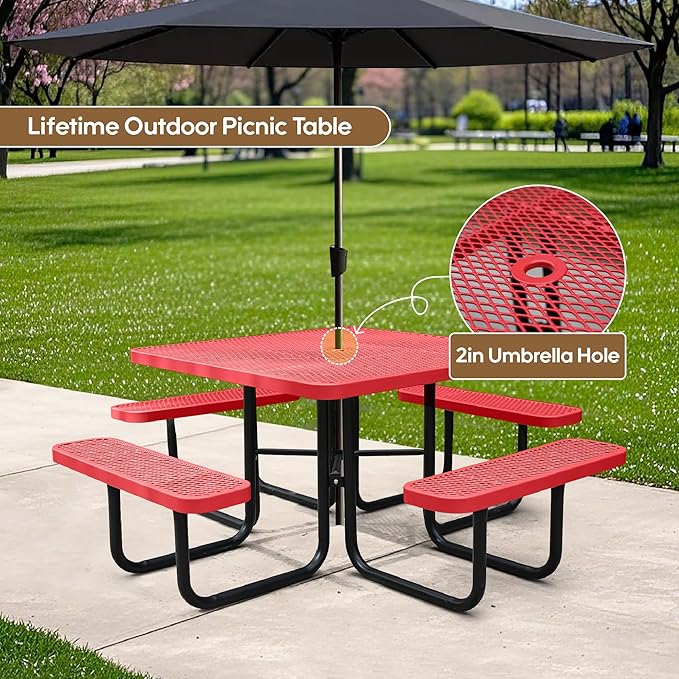 46'' Square Metal Picnic Table for Outdoors, Commercial Steel Metal Picnic Tables, Heavy Duty Sturdy Picnic Tables Furniture Set for Patio Garden Courtyard BBQ, with Umbrella Hole, Red