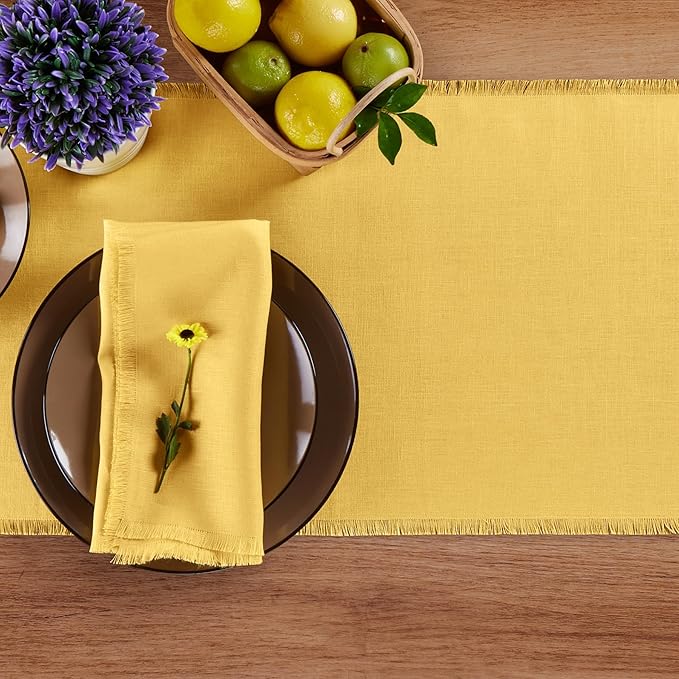 Solino Home Linen Fringe Table Runner 90 Inches Long - 100% Pure Linen Marigold Yellow Table Runner 14 x 90 Inch for Spring, Easter