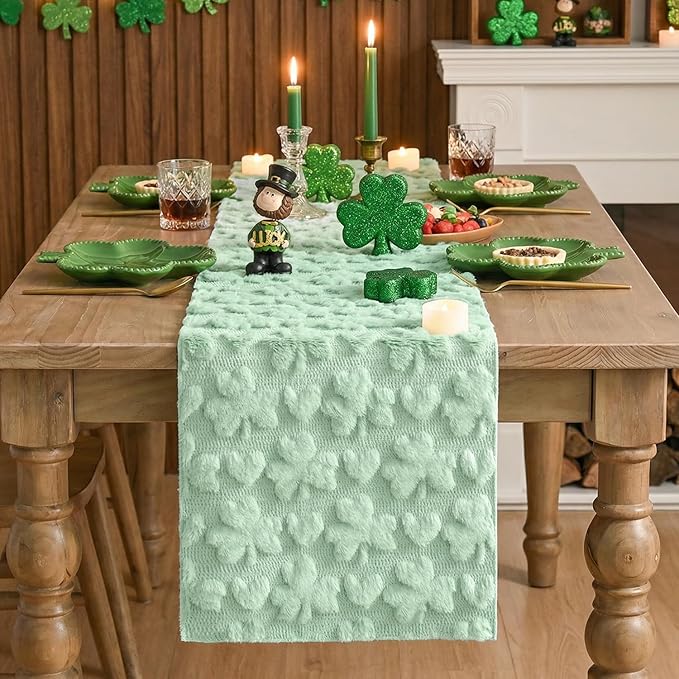 Artoid Mode Sage Green Soft Plush Faux Fur Jacquard Heart Clover St. Patrick's Day Table Runner, Seasonal Kitchen Dining Table Decoration for Home Party Decor 13x90 Inch