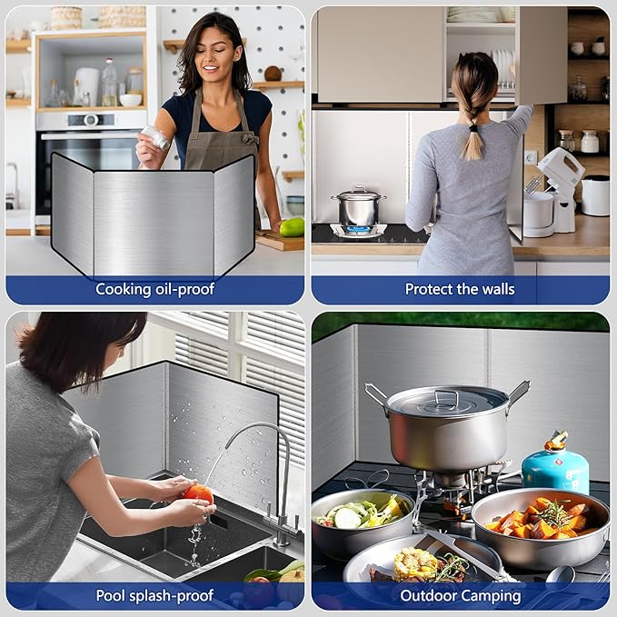 4 Sided Grease Splatter Guard Foldable Splatter Guard for Stove Stainless Steel Oil Splatter Screens Backsplash for Wall Gas Range Frying Pan Camping (11.8×31.5×15.7inches)