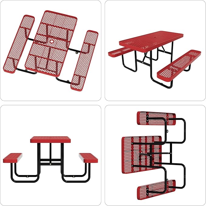 72'' Rectangular Metal Picnic Table for Outdoors,Heavy-Duty Portable Commercial Picnic Tables Bench Set with Umbrella Hole,School Canteen Table W/Seats - Patio Dining Furniture for Patio Garden