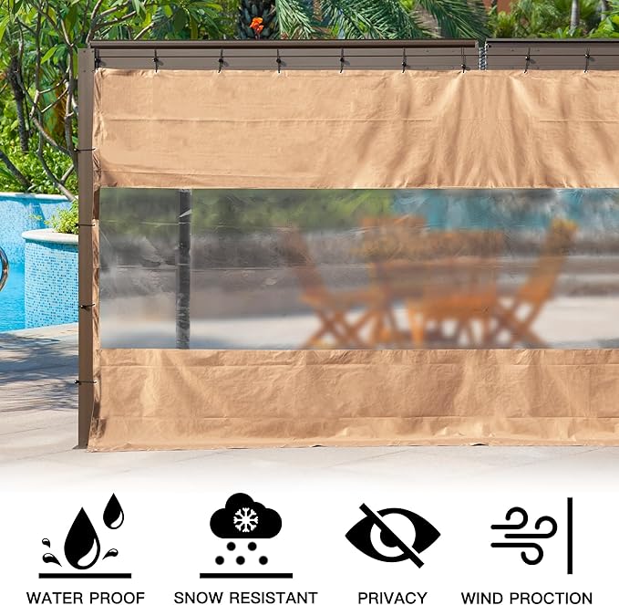 Domi Heavy Duty Outdoor Clear Panel Curtain, 18 oz Waterproof PVC Polyester Curtain, Weather Resistant & Tearproof for Patios, Gazebos, Pergolas, Privacy Screen (8'H x 8'W, Brown)