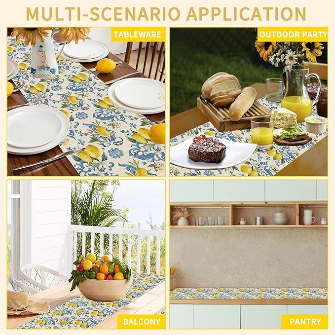 Lemon Flower Table Runner Dresser Scarves Seasonal Linen Tablerunner for Indoor Outdoor Kitchen Home Party Holiday Dining Table Decor 13 X 70 Inch