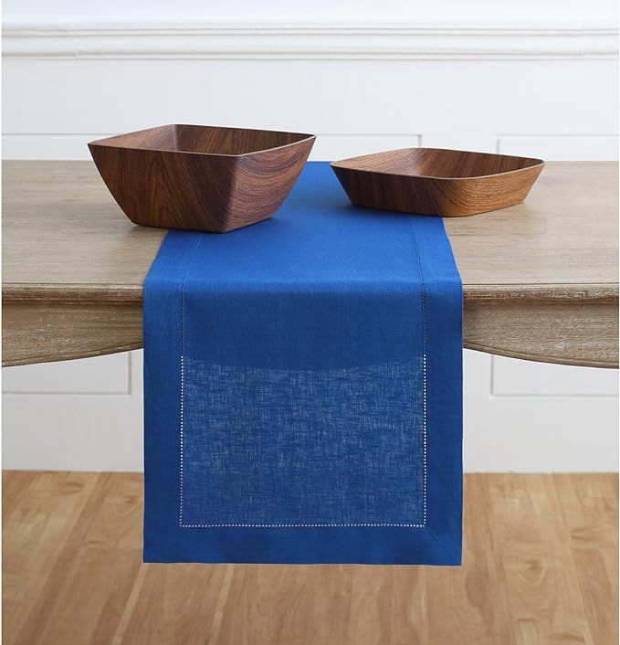 Solino Home Linen Royal Blue Table Runner 72 Inches Long - 100% Pure Linen Hemstitch Table Runner 14 x 72 Inch for Dresser, Dining, Spring - Classic Hemstitch