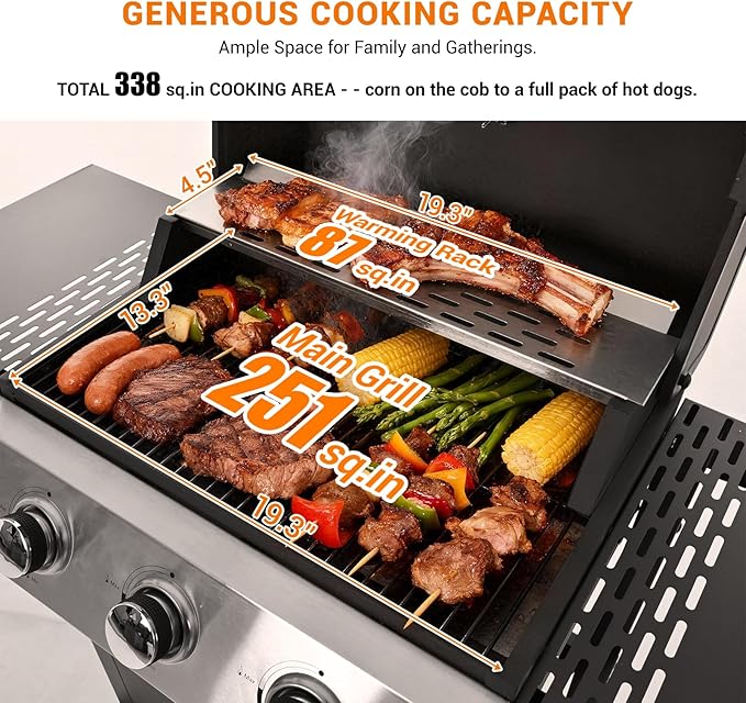 Stainless Steel 3-Burner Gas Grill, 25650 BTU Outdoor BBQ Grill with Side Table, 338 sq.in Cooking Area, Perfect for Patio, Deck & Family Barbecues