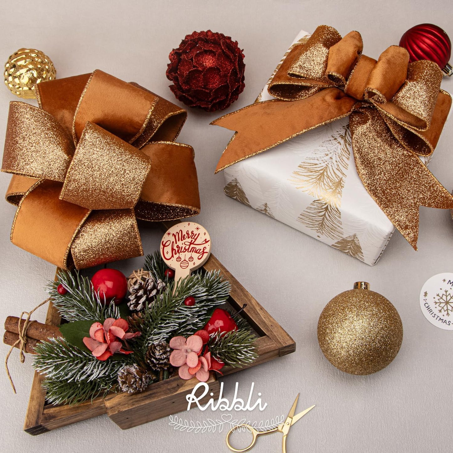 Ribbli Burnt Orange Velvet Wired Ribbon 2.5 Inch Copper Velvet with Copper Glitter Christmas Ribbon for Christmas Tree Decoration Big Bow Gift Wrapping Crafts Wreaths Supplies- 10 Yards