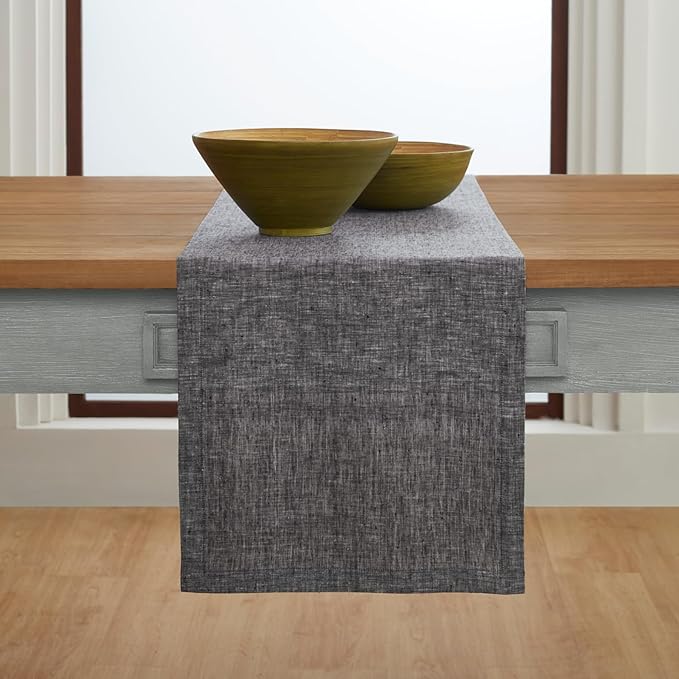 Solino Home Linen Table Runner 156 Inches Long - Athena, 100% Pure Linen Chambray Black Dining Table Runner 14 x 156 Inch