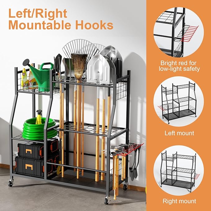 Garden Tool Organizer with Wheels for Garage, Freestanding Garage Tool Organizer, Yard Tool Holder, Garden Tool Cart for Long Handled Tools,Rakes, Brooms, Yard Storage Rack for Shed, Indoor, Outdoor