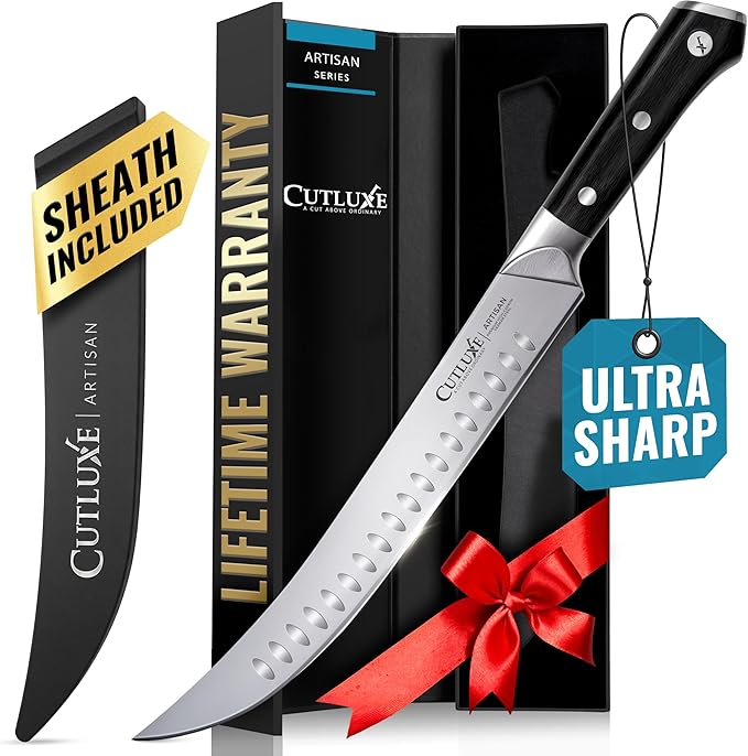 Cutluxe Butcher Knife – 10″ Cimeter Breaking Knife, Razor Sharp Forged High Carbon German Steel, Full Tang Meat Carving Knife, Ergonomic Handle Design, Grilling Gifts for Men – Artisan Series