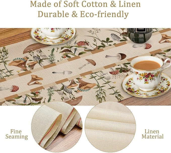 Wild Mushroom Table Runner, Retro Floral Plants Botanical Print Table Cover for Kitchen Dining Table Wedding Home Party Decor, 13x90inch