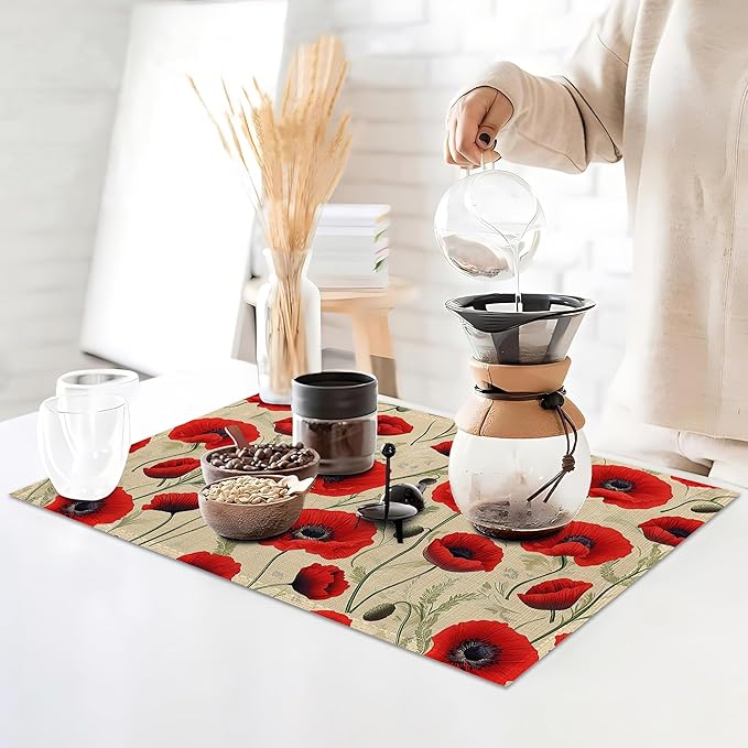 Poppy Flowers Placemats Set of 6,Red Bright Table Mates Non-Slip Heat Resistant Washable Linen Place Mats for Party Kitchen Dining Decoration Indoor Outdoor 12"x18"