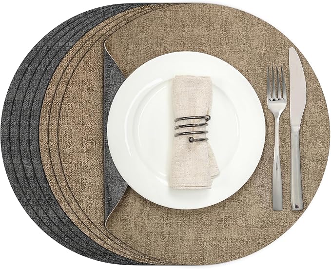Myir JUN Round Placemats Dual Sided, Faux Leather Place Mats Set of 8 Indoor Placemats for Dining Table Outdoor Non-Slip Washable Table Mats (Set of 8, Gray Beige)