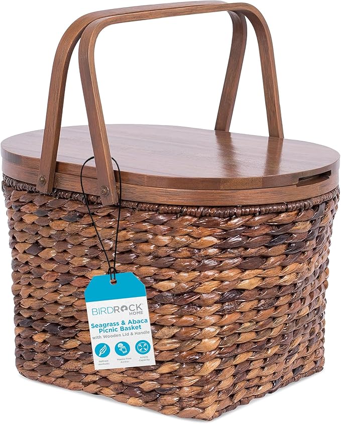 BirdRock Home Seagrass and Abaca Picnic Basket with Wood Lid | Hand Woven | Espresso | Decorative Latch | Wooden Top | Home Décor | Folding Handles