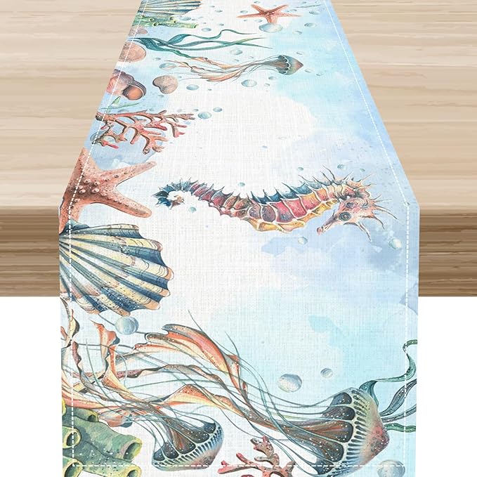 Summer Beach Table Runner, Blue Sea Coastal Nautical Turtle Seashell Jellyfish Ocean Table Runner Seasonal Holiday Home Kitchen Dining Table for Home Party Decor 13"x36"