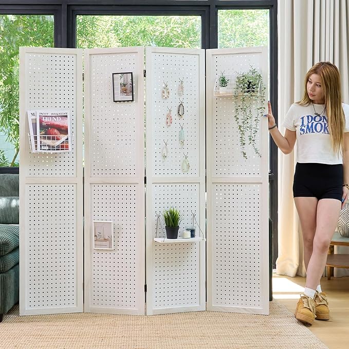 Room Divider Freestanding Folding Pegboard Privacy Screen 4-Panel Display Stand for Jewelry Craft Shows Retail Natural Wood Portable Space-Saving