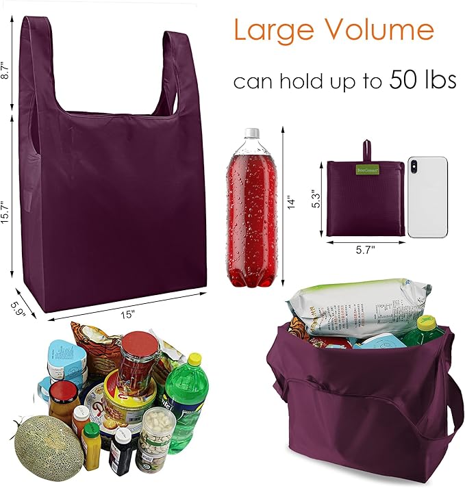BeeGreen Burgundy Reusable Shopping Bags Wholesale Wine Red Reusable Grocery Bags Bulk Foldable-Machine Washable with Zipper Storage Pouch 20 Pieces