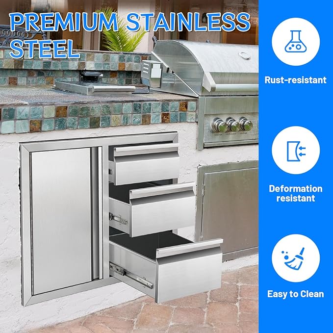 Outdoor Kitchen Drawer Combo Cabinet, Stainless Steel Triple Drawers with Integrated Access Door, 28" W x 22" H x 19.5" D Outdoor Built-in Cabinet for BBQ Island Grill Stations