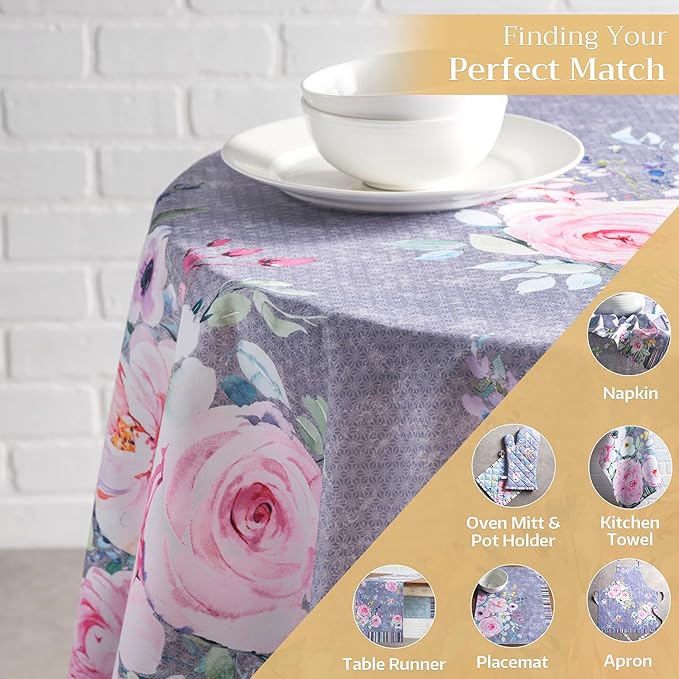Maison d' Hermine Table Cloth Round Table 100% Cotton 63 Inches Tablecloth Reusable Decorative for Dining Room, Farmhouse, Home, Party, Festive & Wedding Spring Summer - Sweet Rose Lavender - Lush