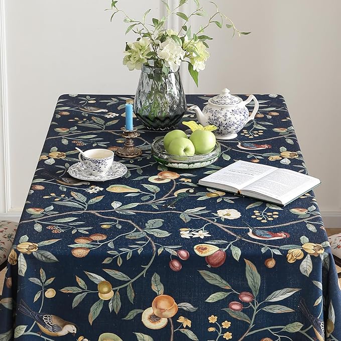 Linen Table Cloth Rectangle,Wrinkle Resistant French Blue Tablecloth Print with Froal,Decor Stitch Table Cloth for Thanksgiving,Dining Room,Home,Kitchen 63" × 94"-DeweyA Blue