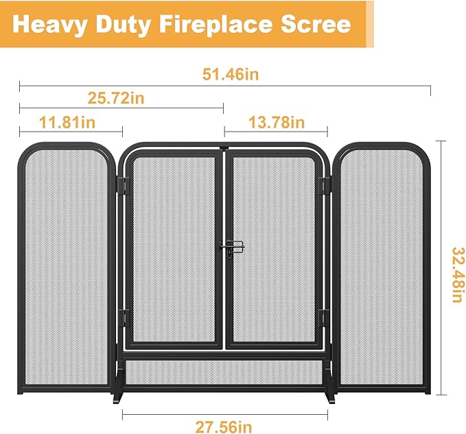 Mr IRONSTONE 3 Panel Fireplace Screen 51.5" W x 32.5" H Modern Foldable with Wrought Metal Decorative Mesh, Heavy Duty Fire Spark Guard Cover for Home Decor Indoor, Black